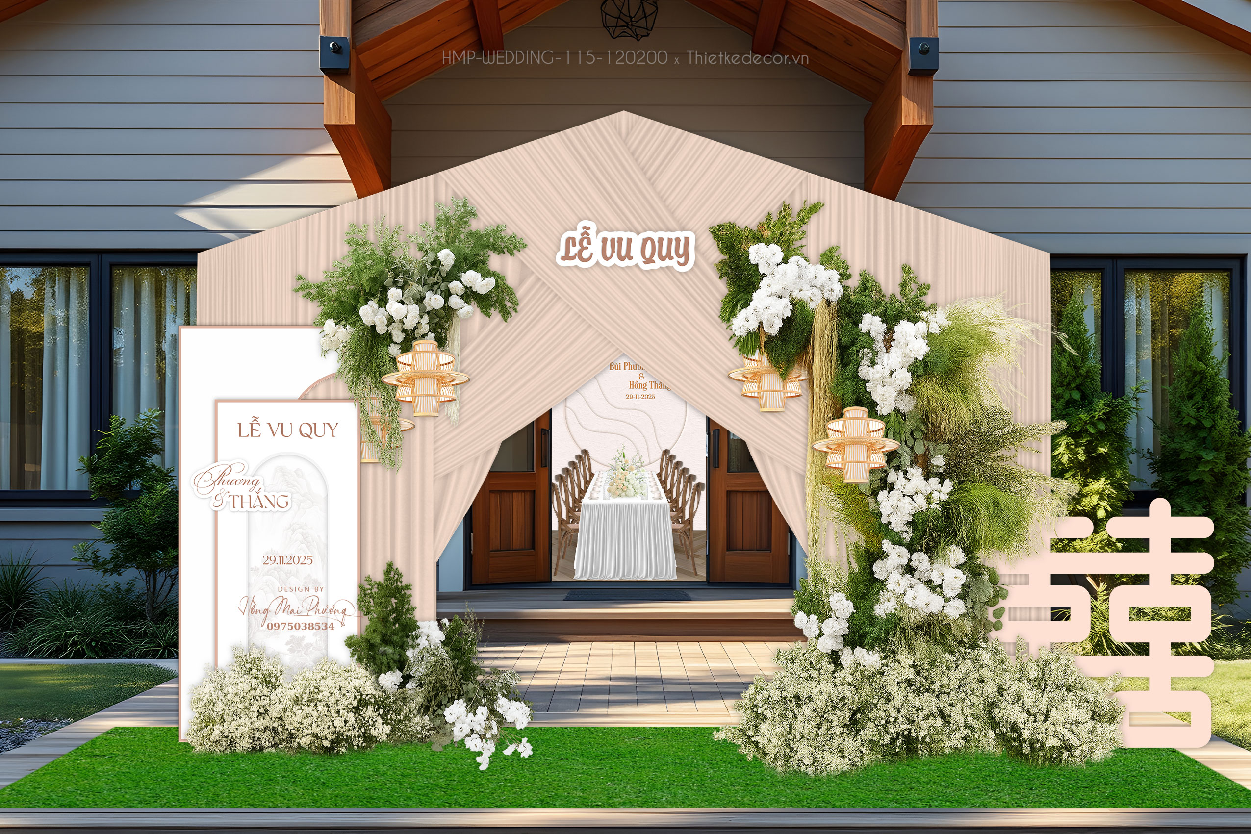 Trang trí tiệc cưới. File thiết kế cổng cưới toen trắng kem trang nhã